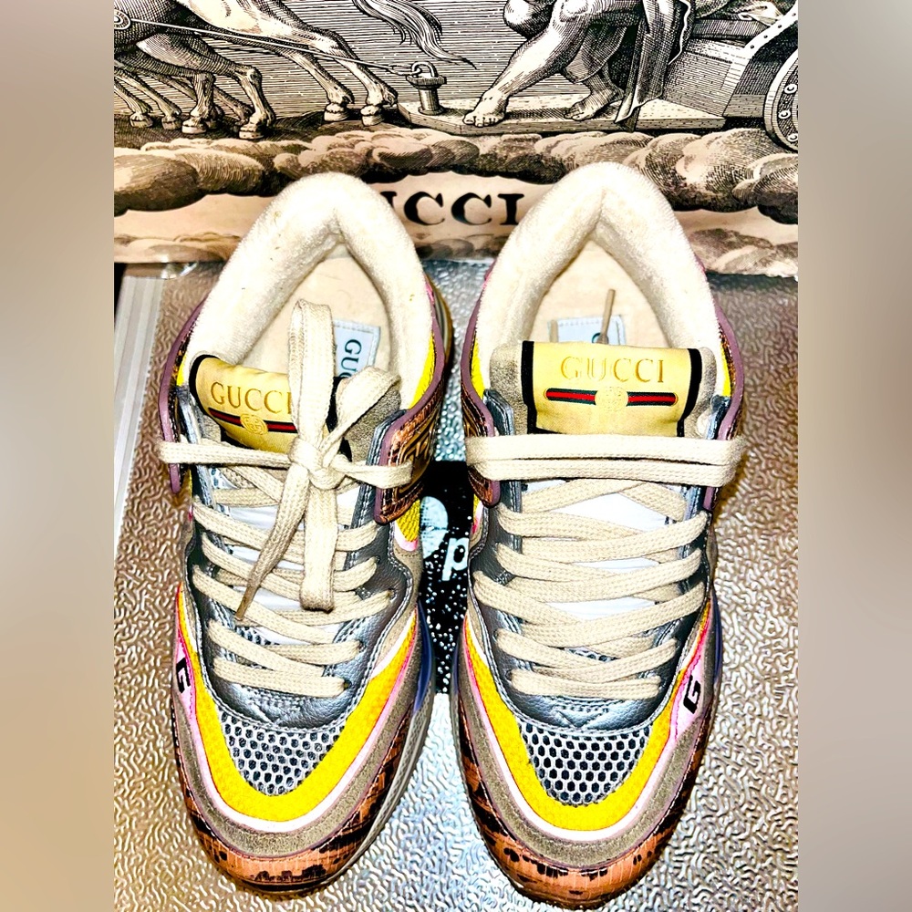GUCCI Ultrapace Ace Snake Leather Distressed Suede Sneakers - Picture 5 of 12